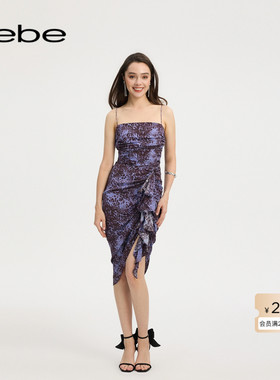 bebe2025夏季新款女士不对称下摆抽褶豹纹印花连衣裙250046