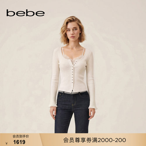 bebe2026秋季新款女士浪漫蕾丝领口羊毛混纺修身针织上衣330504