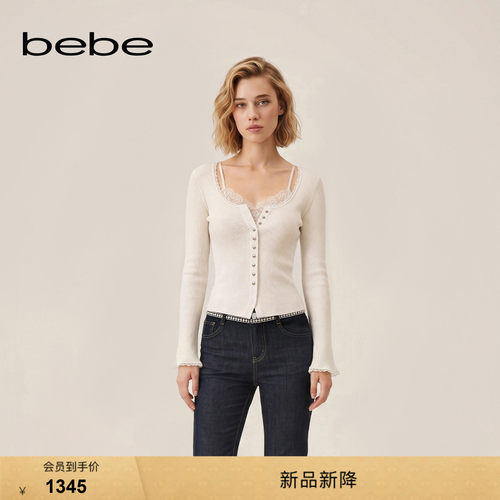 bebe2026秋季新款女士浪漫蕾丝领口羊毛混纺修身针织上衣330504
