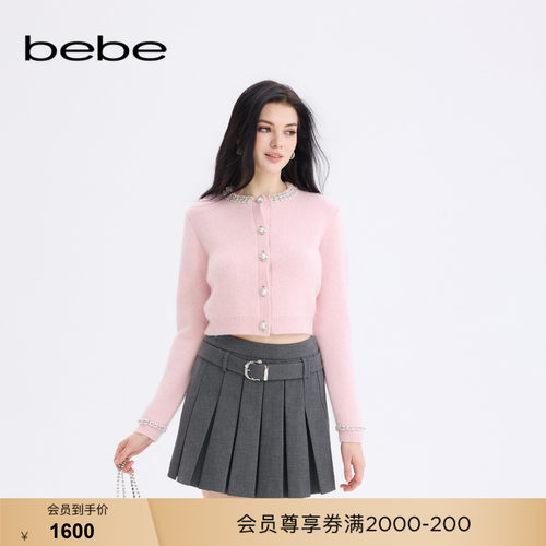 bebe秋冬女士气质小香风重工钉珠镶钻圆领针织开衫430604