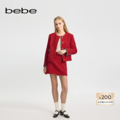 bebe冬季 新年臻选 女士含羊毛红色织带缀饰格纹半身裙420101