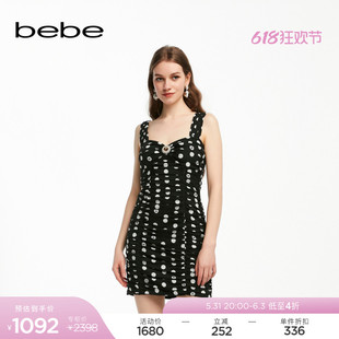 新款 bebe2024夏季 女士抽褶波点印花钻扣连衣裙250009