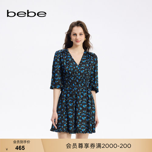 bebe秋季新款花边V领连衣裙