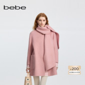 bebe冬季 女士含羊毛贴袋宽松双面呢大衣围巾套装 472205