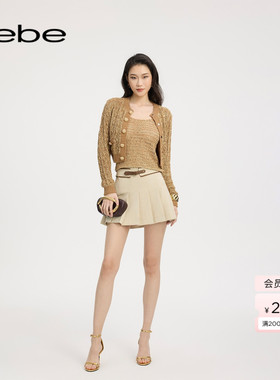 bebe2025夏季新款女士撞色腰带缀饰俏皮百褶半身裙220204