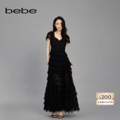 bebe春夏女士桃心型方领蕾丝压褶蛋糕礼服连衣裙150020