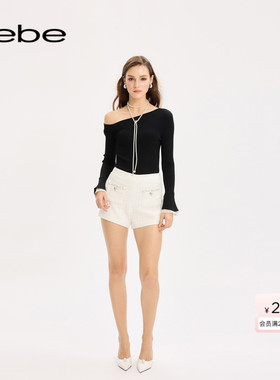 bebe2025秋季新款女士日常通勤风白色织带装饰气质短裤311503