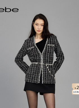 bebe春夏女士时尚口袋花边缀饰粗花呢夹克外套140305
