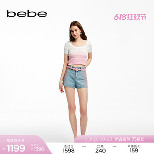 bebe2024夏季 211502 女士俏皮渐变撞色腰带牛仔短裤 新款