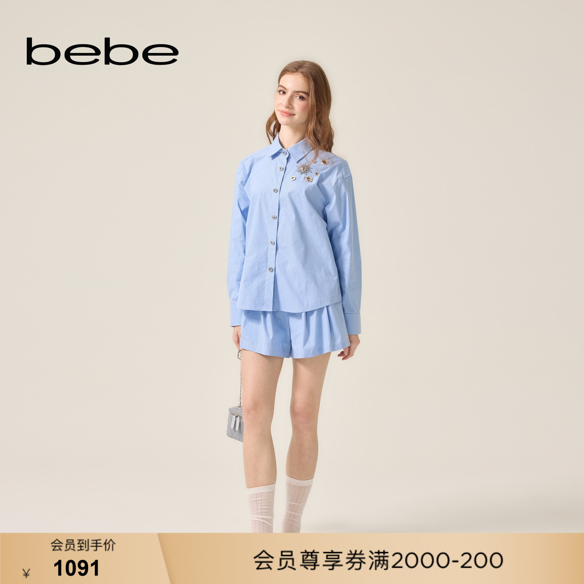 bebe2026夏季新款女士气质通勤风含棉抽绳百褶设计A字短裤211502图片