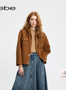 bebe冬季系列女士含羊毛宽松箱型纽扣缀饰连帽夹克大衣外套472209