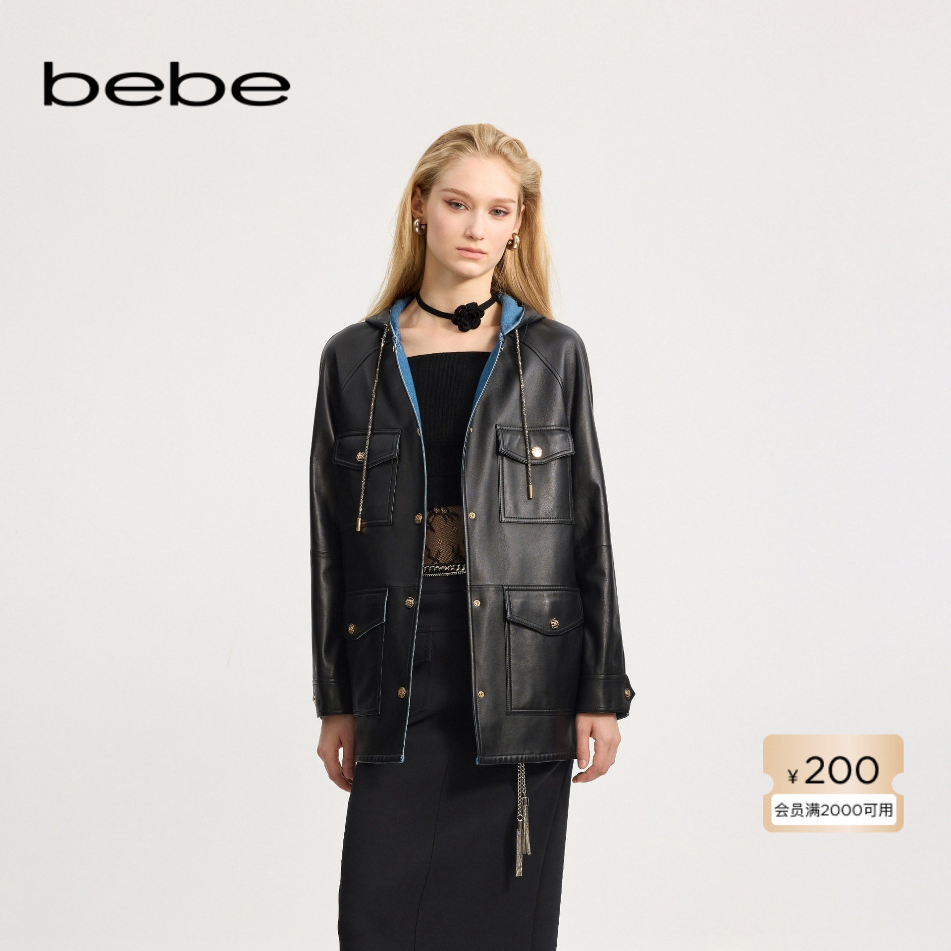 bebe冬季系列女士小香风连帽正反两穿牛仔直身皮衣外套440501,女装/女士精品,短外套,淘宝优惠券,粉丝福利购,淘宝优惠卷