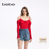 气质玫瑰花露肩荷叶边修身 bebe秋季 系列女士时尚 针织上衣330502