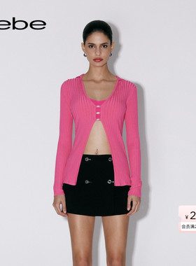 bebe春夏系列女士翻领修身假两件设计感针织上衣230607