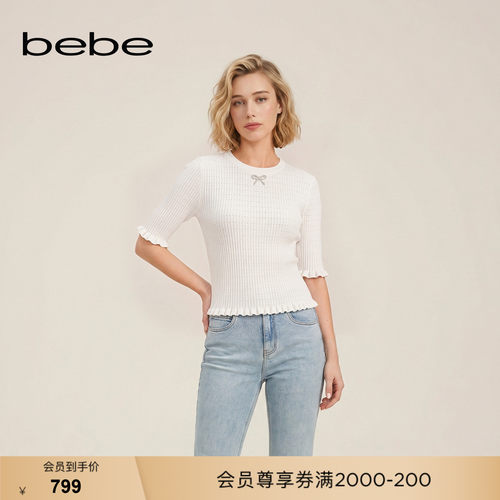 bebe2026秋季新款女士通勤风木耳边下摆蝴蝶结装饰针织上衣330402