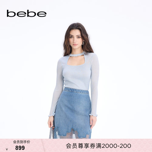 bebe2026春季新款女士温柔千金风假两件设计针织上衣130509