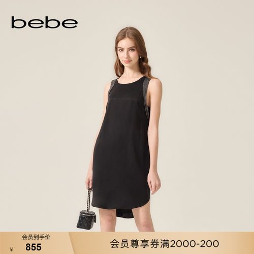 bebe2026夏季新款女士轻奢风圆领无袖流苏链条装饰小黑裙250014