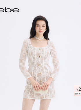 bebe2025秋季新款女士白色小香风蕾丝收腰修身长袖连衣裙350006