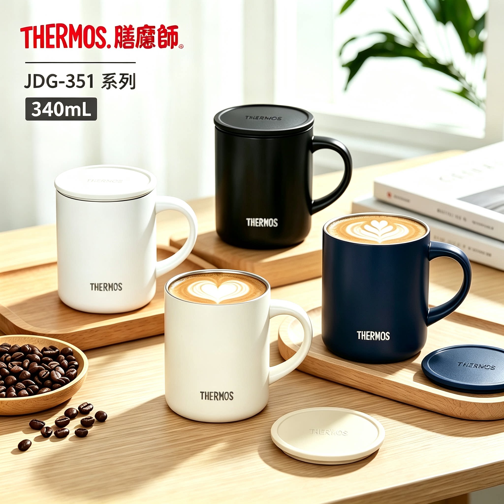 膳魔师授权旗舰店不锈钢马克杯保温杯简约带盖咖啡把手杯JDG-351