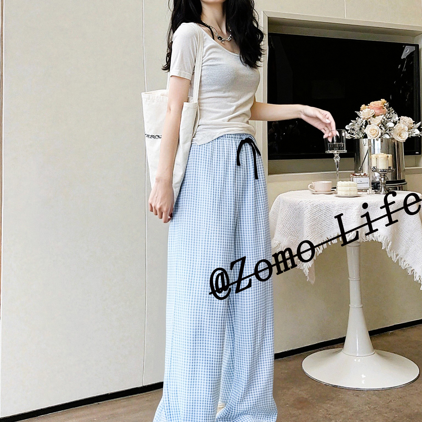 阔腿裤女夏薄款外穿女宽松慵懒风2025新款夏日松弛感格纹拖地裤