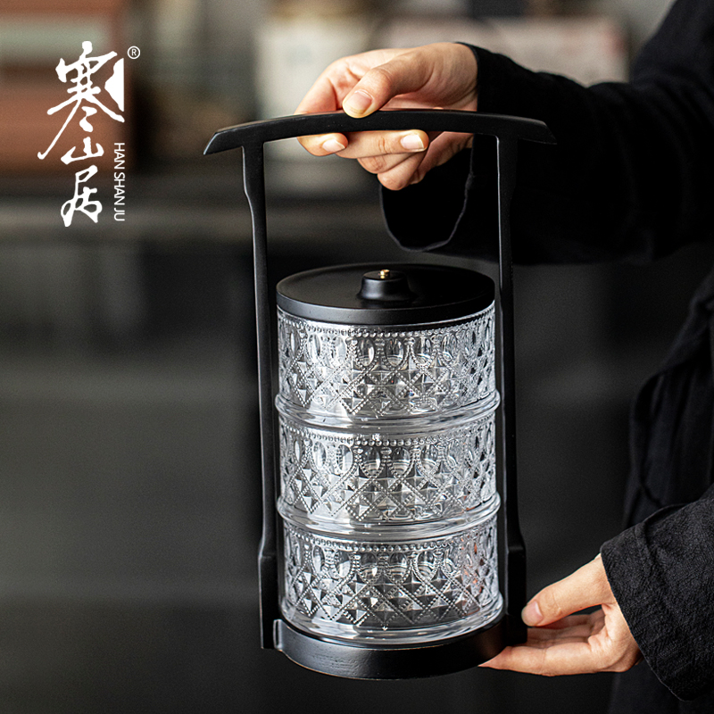 寒山居中式玻璃实木提梁果盒家用防潮防虫茶点零食贡品糕点收纳盒