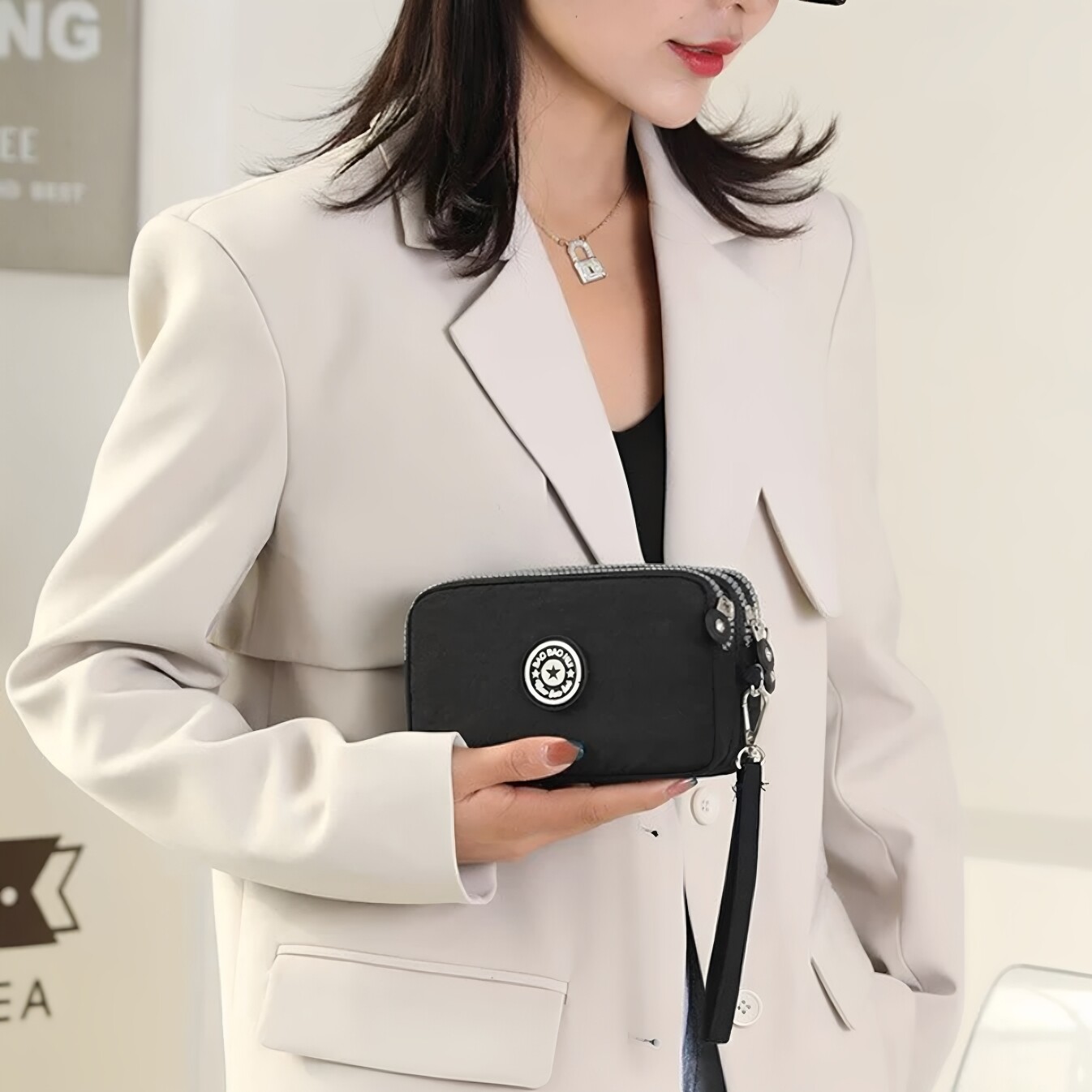 简约风女士手机包三层拉链迷你布艺手提包轻便随身小包零钱包收纳