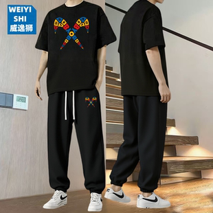 威逸狮运动套装2026新款夏季纯棉短袖t恤青少年男装裤子休闲一套
