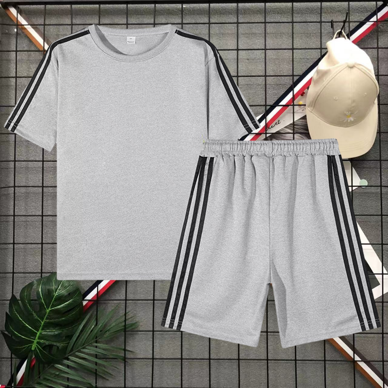 夏季休闲跑步套装男韩版三杆短袖短裤潮牌时尚两件套运动服女ins