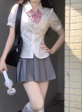 JK制服衬衫上衣女短袖原创夏季学院风收腰泡泡袖白色衬衣辣妹上衣