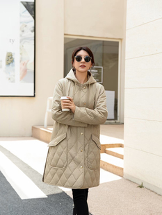 菱形格纹 控温棉衣外套女士经典 辛芷蕾同款 秋冬英伦复古风连帽长款