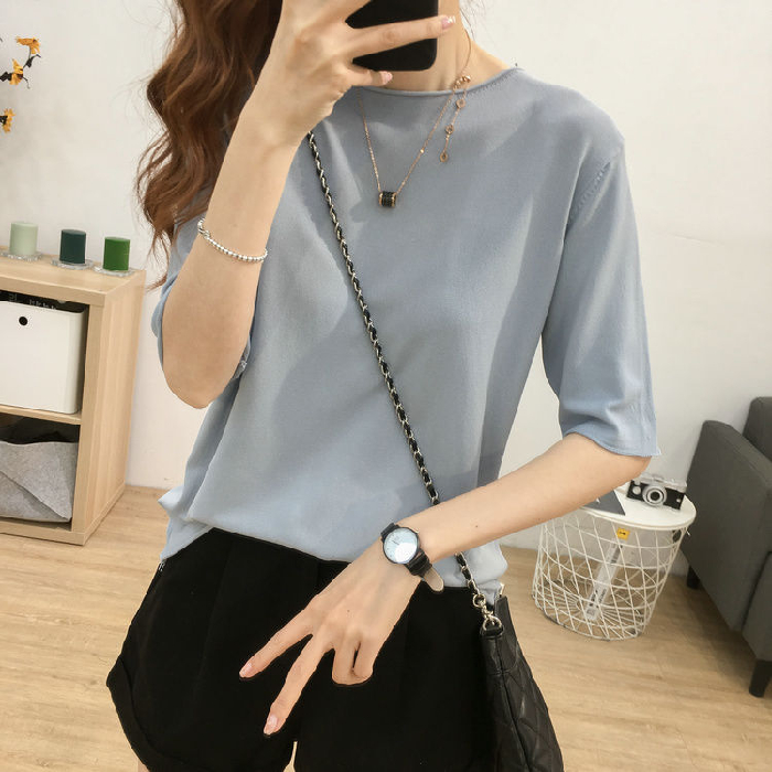 Simple and versatile basic round neck short sleeve ice silk T-shirt for women's summer loose and thin solid color top