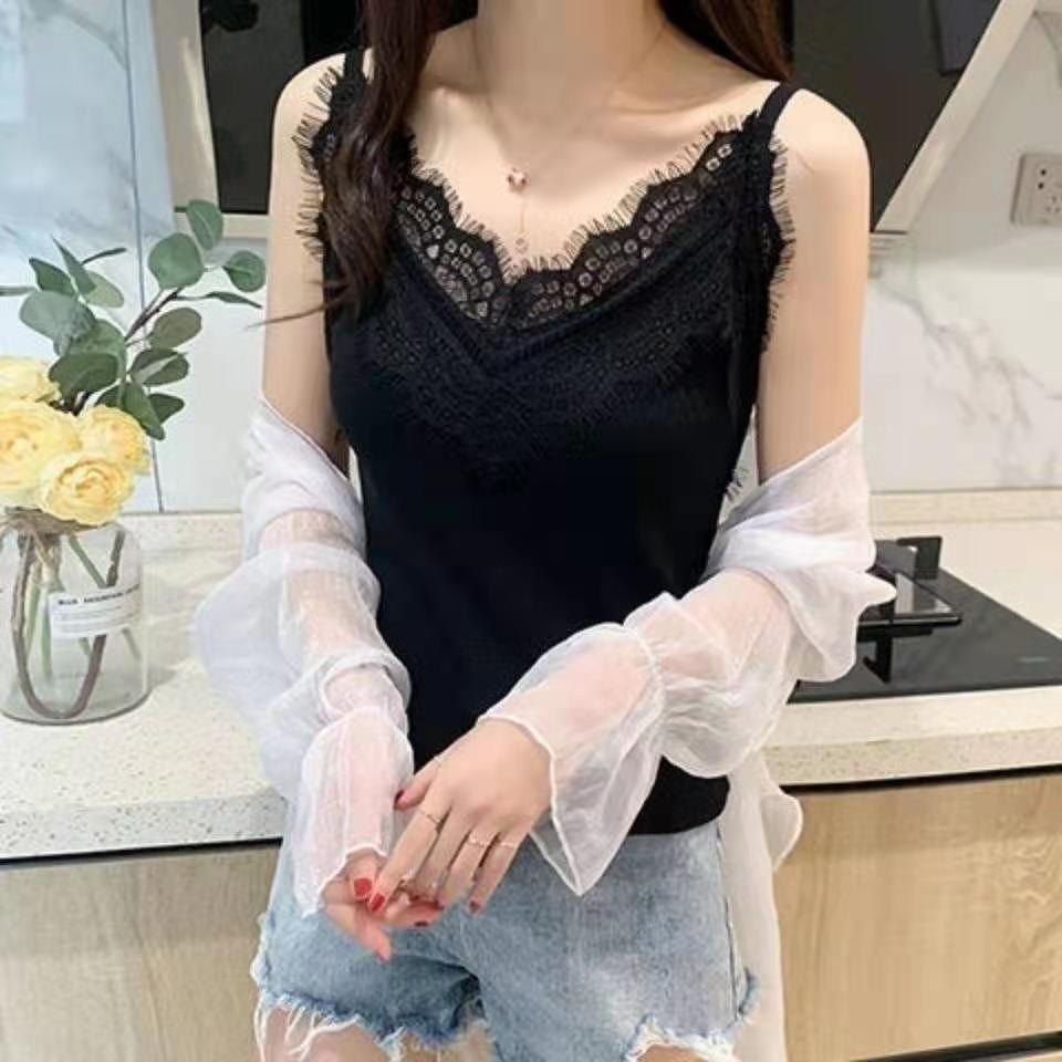 Summer new pure color collar small sexy slim strap lace bottomed knitted top fashion