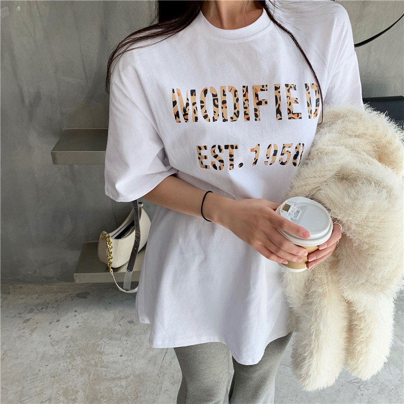 Cotton T-shirt summer new short sleeve T-shirt women's Hong Kong leopard letter medium length top