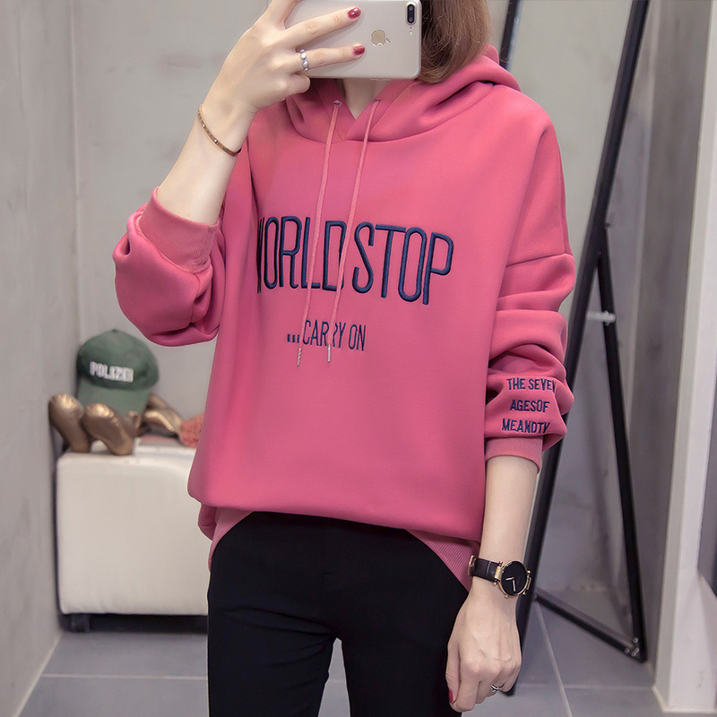 Real shot composite sweater winter thickened Plush embroidered letter large size mm200kg Hooded Sweater woman