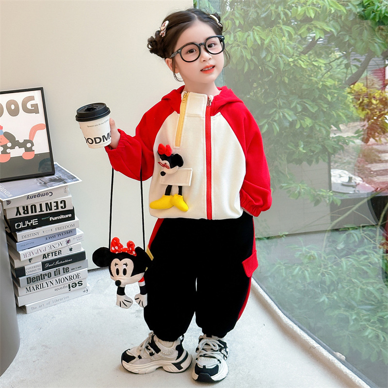 女童卡通拼色运动套装秋季2025新款洋气儿童女宝宝秋装卫衣两件套