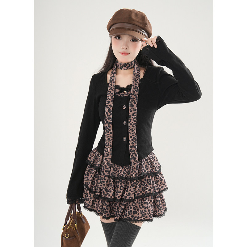 秋冬新款复古辣妹风收腰显瘦小众设计感假两件上衣+豹纹半裙套装