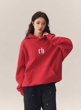 CHINISM丨CH哥特字母印花红色连帽卫衣男秋季宽松男士帽衫上衣