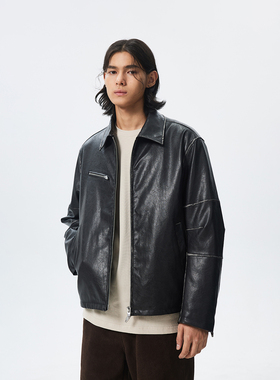 CHINISM丨黑色仿水洗复古pu皮夹克男冬季新款美式做旧男士外套