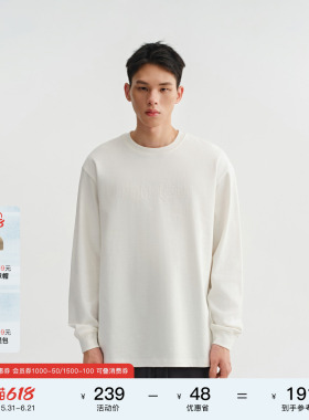 CHINISM 植绒印花LOGO长袖T恤男春季纯棉打底衫/CESA34I5022