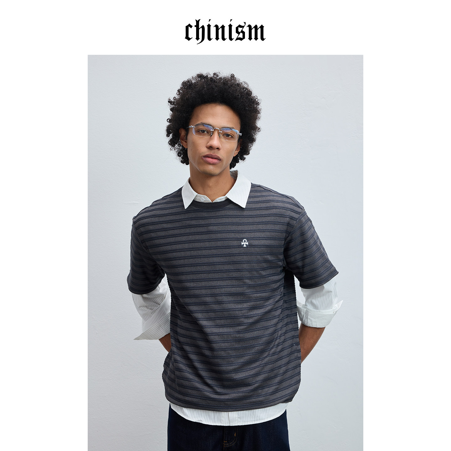 CHINISM 撞色双层刺绣短袖T恤男夏轻薄透气半袖/CXHC15H2079 - 实物图