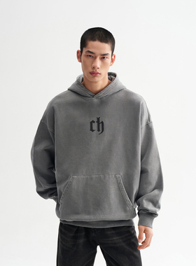 CHINISM丨经典款重磅水洗灰色连帽卫衣男秋季做旧情侣男生帽衫