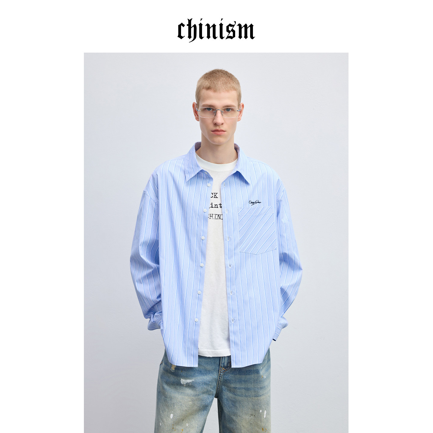 CHINISM丨蓝色条纹翻领衬衫男春季宽松休闲男士绣花衬衣外套,男装,衬衫,淘宝优惠券,粉丝福利购,淘宝优惠卷