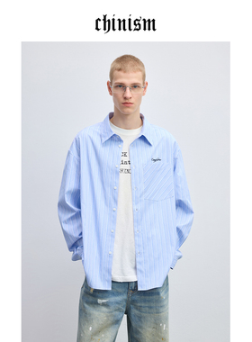 CHINISM丨蓝色条纹翻领衬衫男春季宽松休闲男士绣花衬衣外套