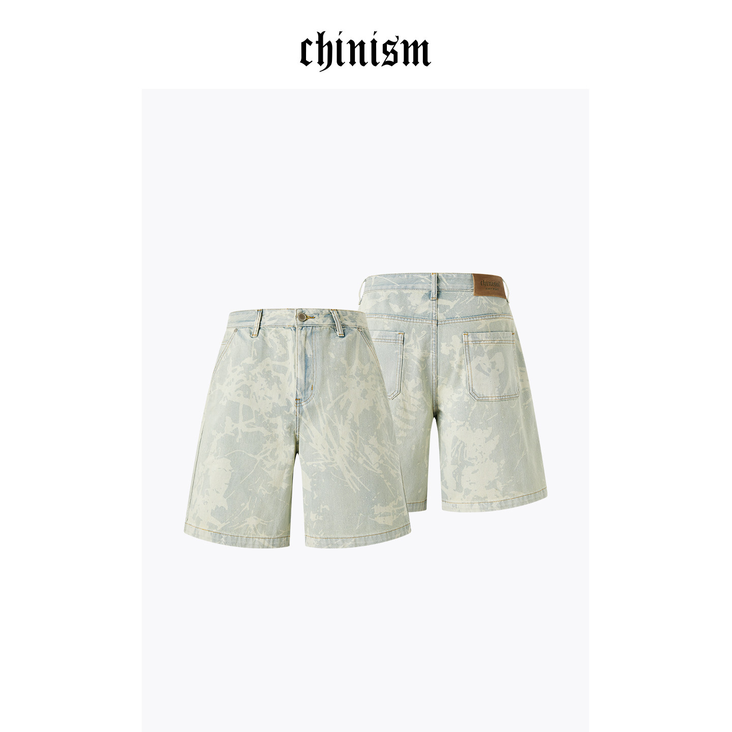 CHINISM丨满印植物剪影复古休闲牛仔短裤男夏季新款/CXHB26M3128