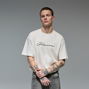 纯棉短袖 宽松简约男士 CH草体LOGO锁链绣T恤男夏季 CHINISM