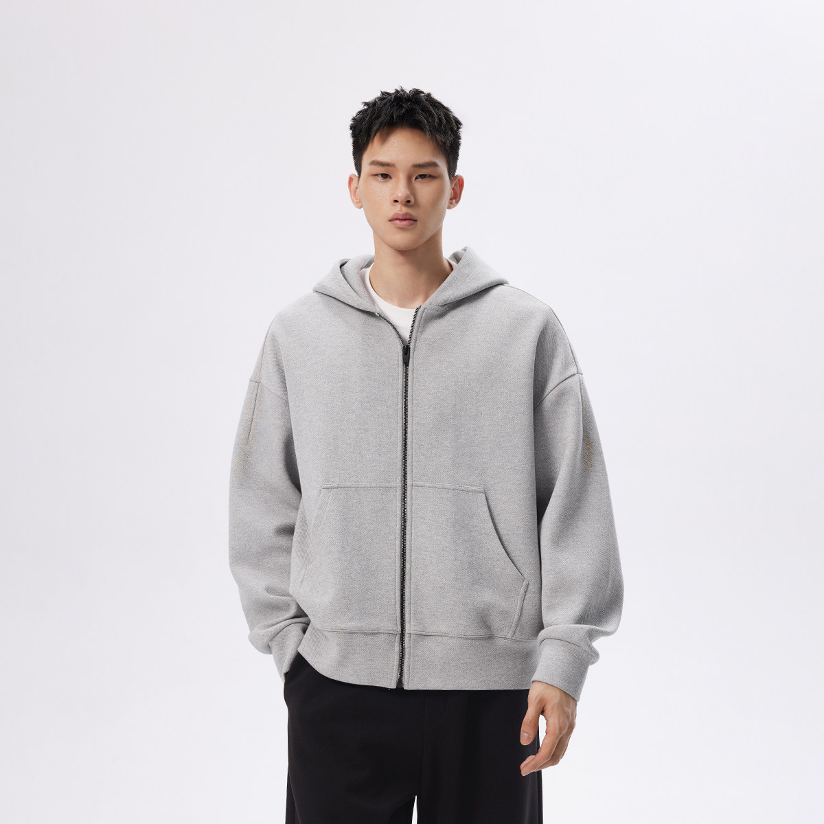 CHINISM丨花灰色连帽开衫卫衣男春季新款宽松男士拉链外套上衣