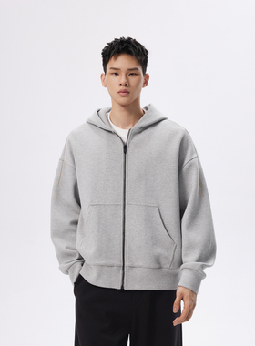 CHINISM丨花灰色连帽开衫卫衣男秋冬新款宽松男士拉链外套上衣