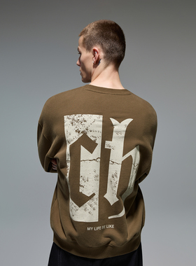 CHINISM丨CH重磅斑驳印花圆领卫衣男秋季新款复古休闲套头上衣