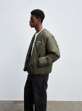 CHINISM丨轻薄菱形格短款白鸭绒羽绒服男冬季美式夹克无领外套