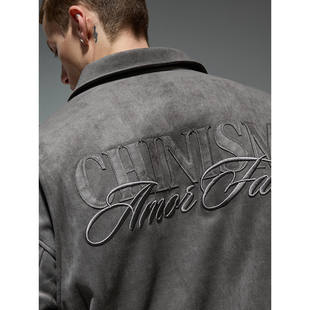 贴布绣翻领男士 CHINISM 美式 外套男春季 加厚复古夹克 仿麂皮工装